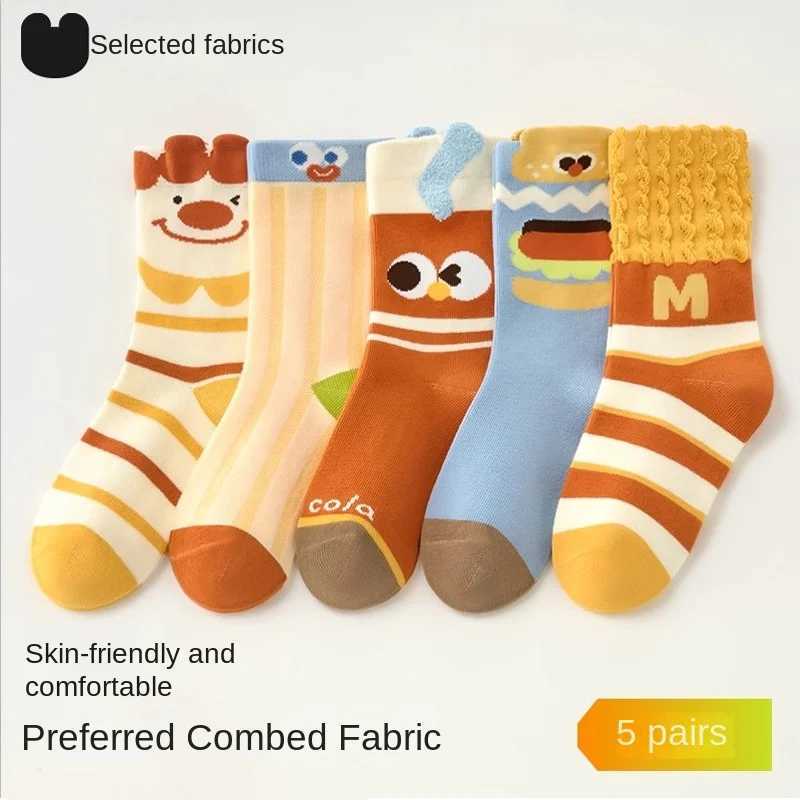 5Pairs Girls Sweet MidCalf Socks Spring Autumn Style Boys Breathable Cute Winter Socks with Fries Pattern Design for Kids J251024