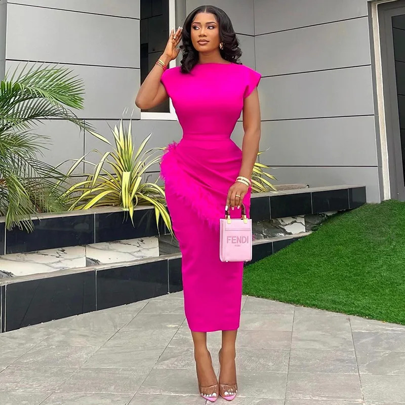 Women Dresses O Neck Pullover Solid Sexy Wrap Buttocks Vestidos Ankle Length Office Lady Dress Slim Fit Sheath Feathers 251020