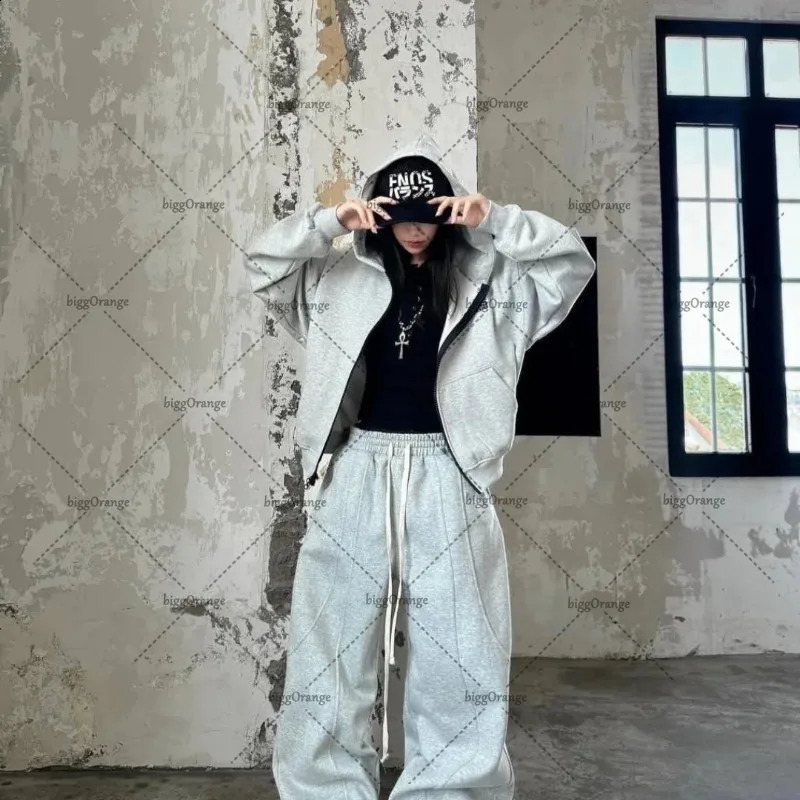 European and American Winter Loose Zipper Hoodie Pants Suit Men Y2k Gothic Punk Retro Oversized Sweatshirt Casual Pant 251018