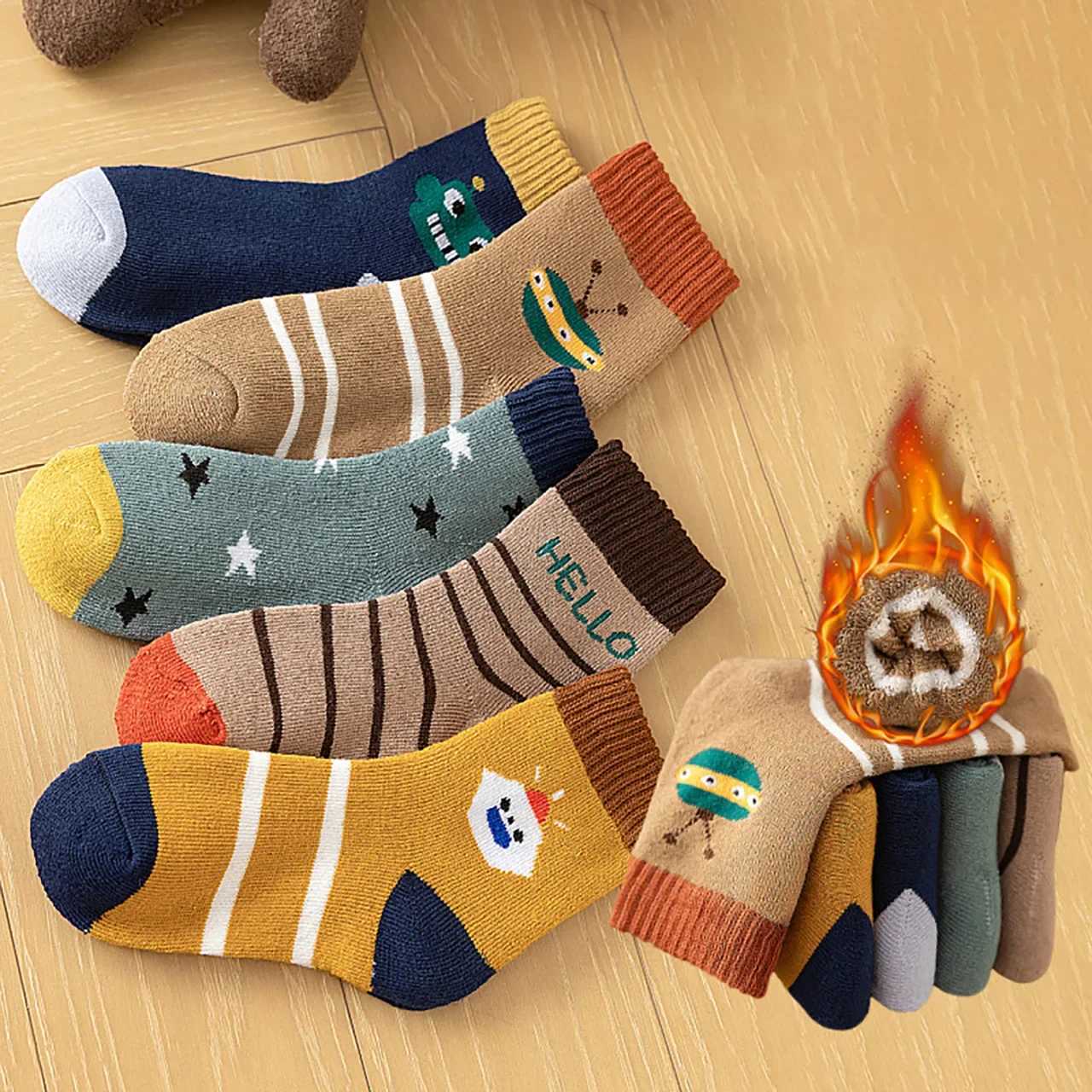 5PairsSet Cartoon Baby Boy Socks Winter Thick Warm Terry Sock Cute Striped Print Children Mid Tube Socks J251024