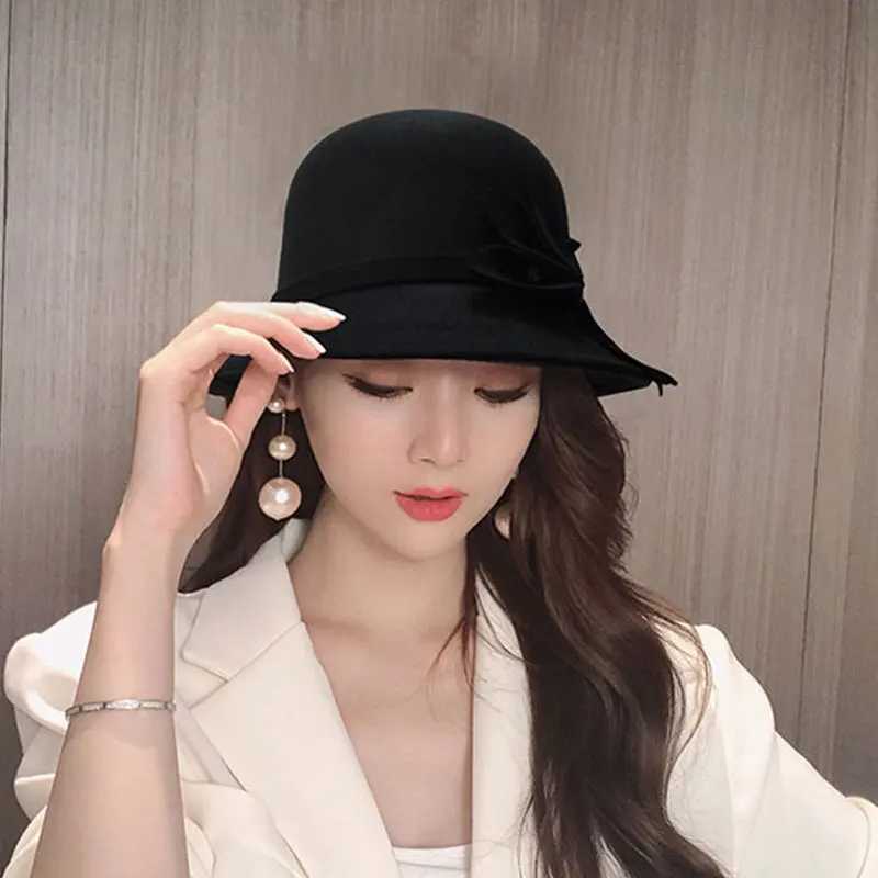 2022 Autumn Winter Fedoras Women Hat Elegant Vintage Bowknot Wool Ladies Hat Dome Felt Wedding Church Jazz Cap Female Bow BowlerL251024