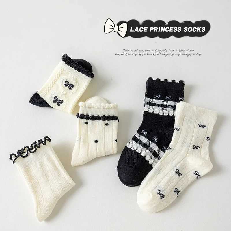 Trendy Cotton Solid Children Girls Lace Socks 5 Pairs Bow Ties Soft Breathable Striped Nonslip Half Princess Socks for Girls J251024