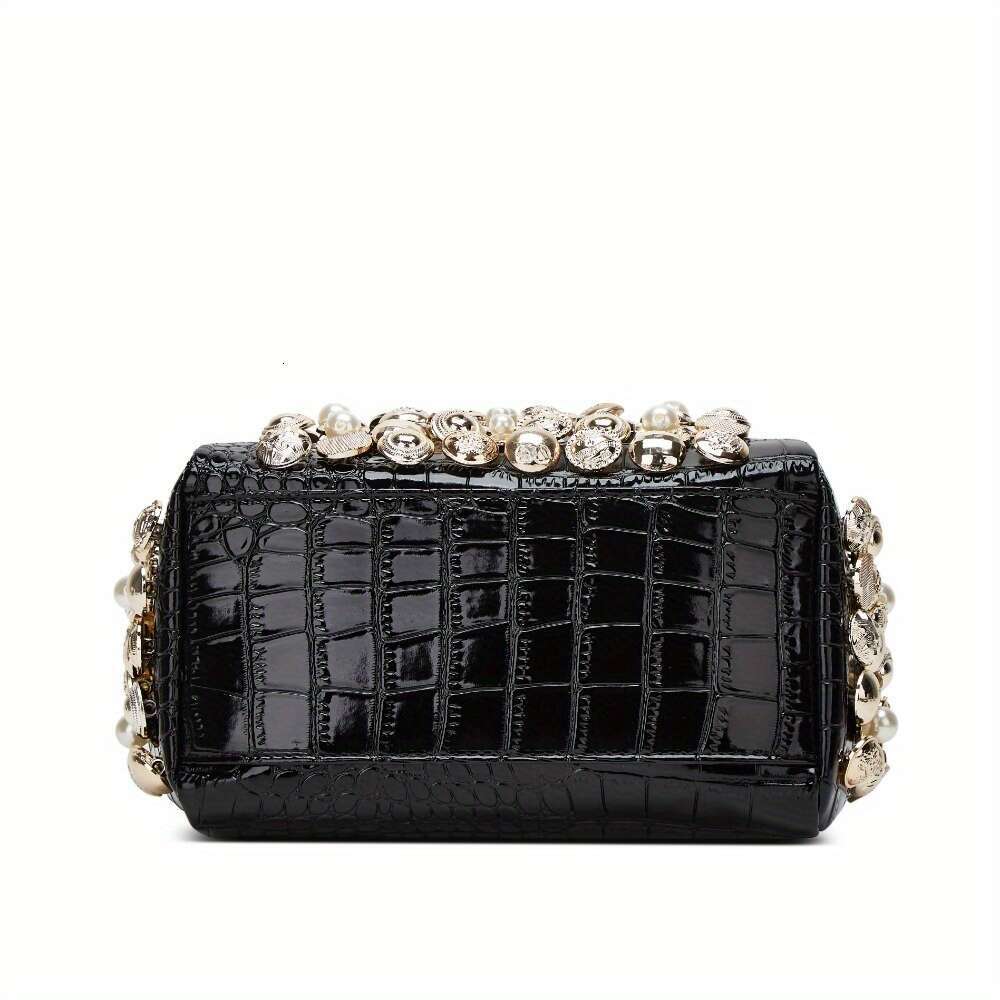 1Pc Elegant Faux Leather Evening Clutch Bag With Rhinestone Embellishments, Zipper Closure, Removable Strap, Polyester Lining - Women's Fashion H