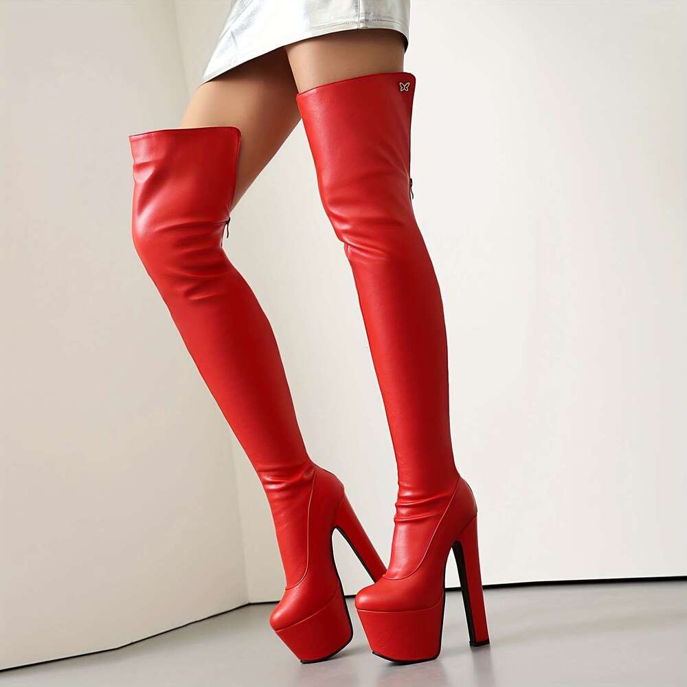 Women's Over-The-Knee Boots 2024 Fall Winter Collection Solid Color, Super High Heel, Round Toe, Faux Leather, Zipper Closure, Plush Liner, Non-W