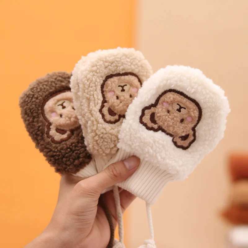 Lamb Fleece Baby Plush Mittens Cute Bear Kids Hanging Neck Glove 14Year Boy Girl Children Winter Full Finger Gloves Hand Warmer Y251024