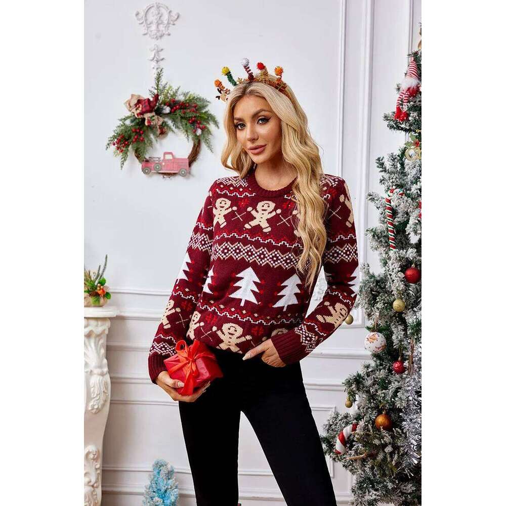 New Winter 2025 Christmas Women's Sweater Jacquard Print Full Sleeve O Neck Casual Soft Knitwear Merry Xmas Female Pullover Top