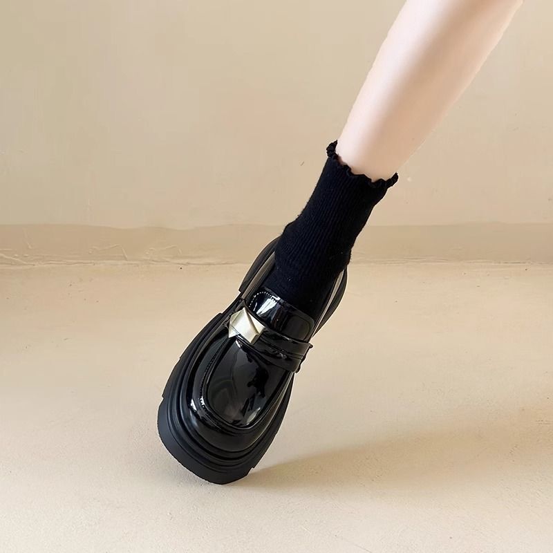Black Thick-Soled British Style Women's Leather 2025 Spring New Versatile Slip-On Loafers Mary Jane Shoes ddmythur