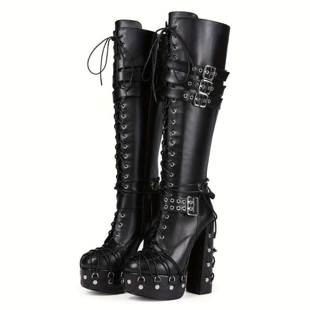 Women's Chunky Knee-High With Adjustable Buckle Straps Tie Rope, Toe, Zipper Closure Faux Cover Upper, Rubber Sole, Plush Lining All-Day Comfort 