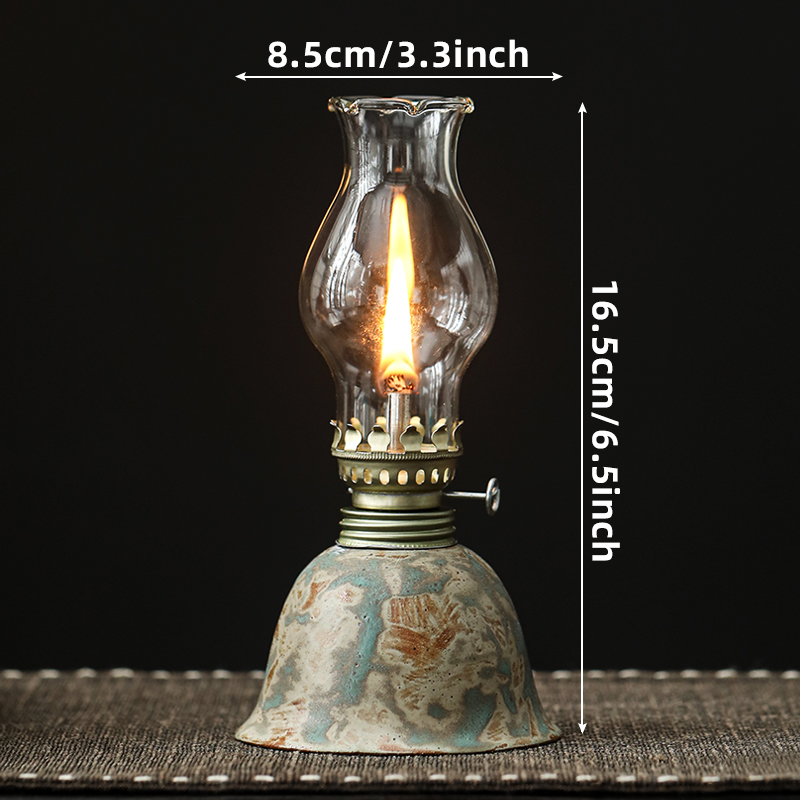 Ceramic Oil Lamp with Adjustable Wick - Vintage Hurricane Lantern for Indoor & Outdoor Use, Desk Decor, Camping Fuel Light (Kerosene Not Included), No