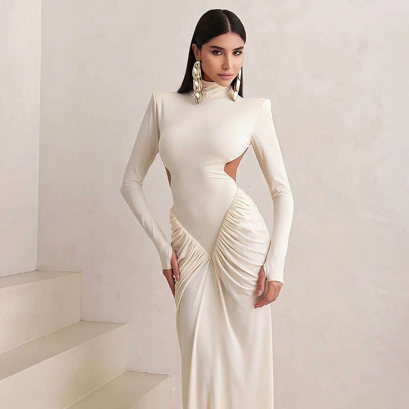2025 Autumn New Women's Solid Color Sleeve High Neck Elegant Slim Fit Ruched Backless Long Dress