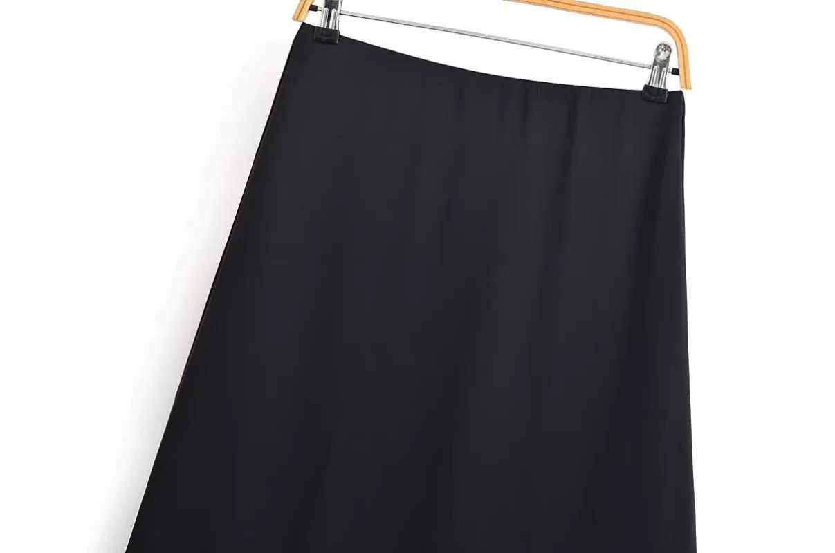 Tidalyf Women Satin Midi Skirt with Lace Trim Elegant Chic High Waist Slim Fit Casual Fashion Outfit 251017