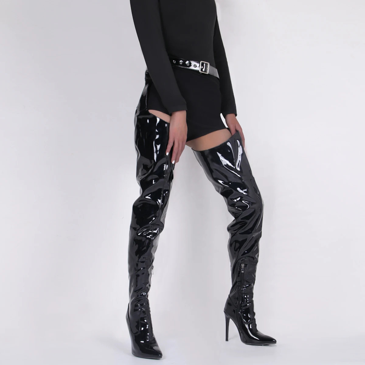 Red Patent Leather Waterproof Women Over The Knee Boots High Heels Solid Pointed Toe Stiletto Night Club Bar Womens Boots 251023