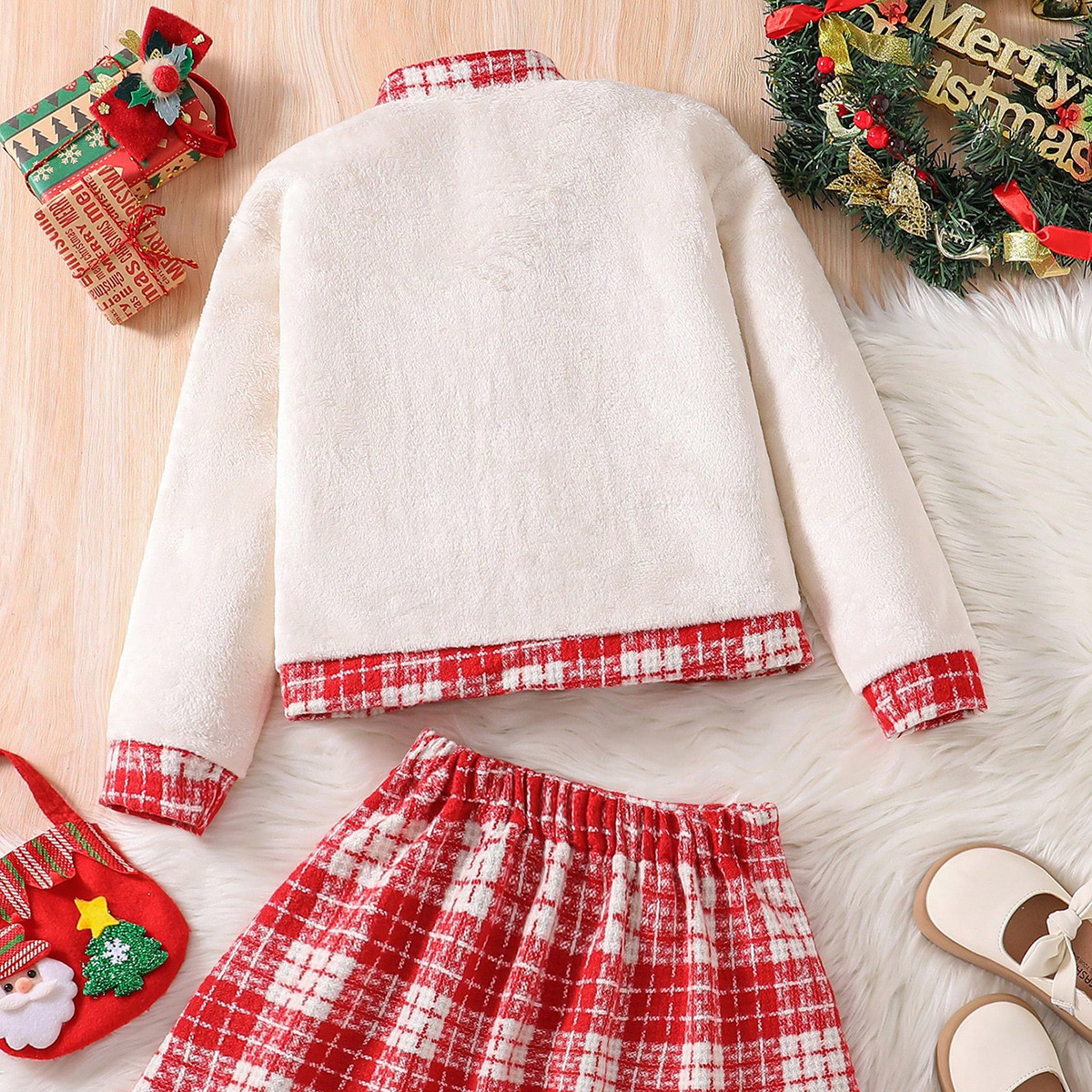 Girl designer fashion two-piece cross-border wholesale autumn and winter patch plaid jacket red pleated skirt set