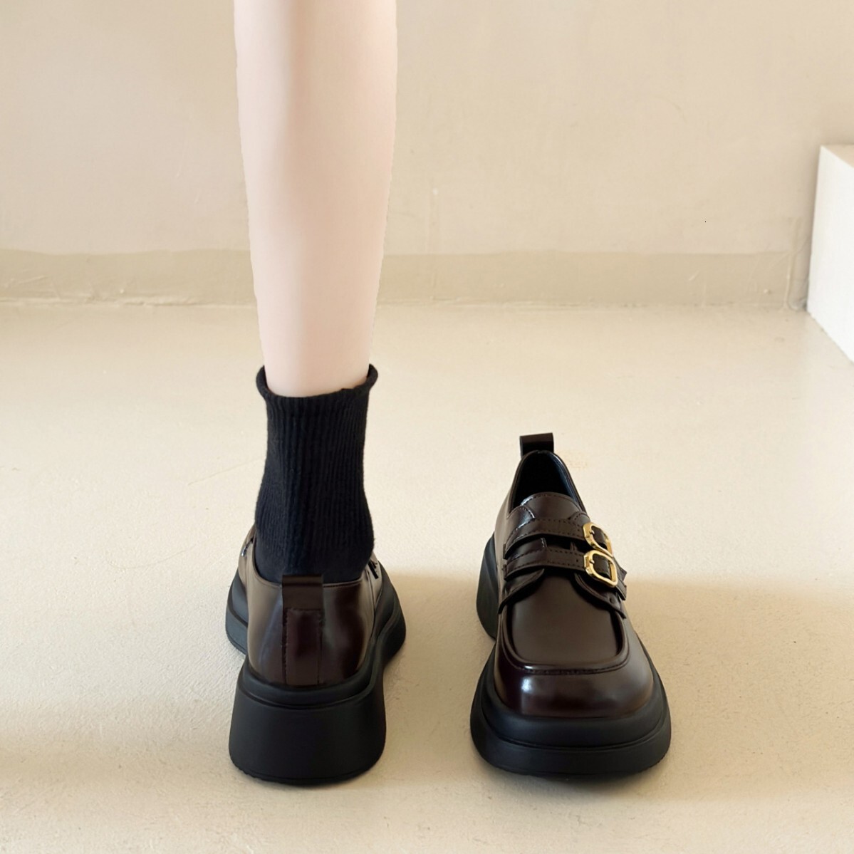 Thick-Soled British Style Women's Leather 2025 New Autumn Winter Fleece-Lined Loafers Slip-On Mary Jane Shoes ddmythur