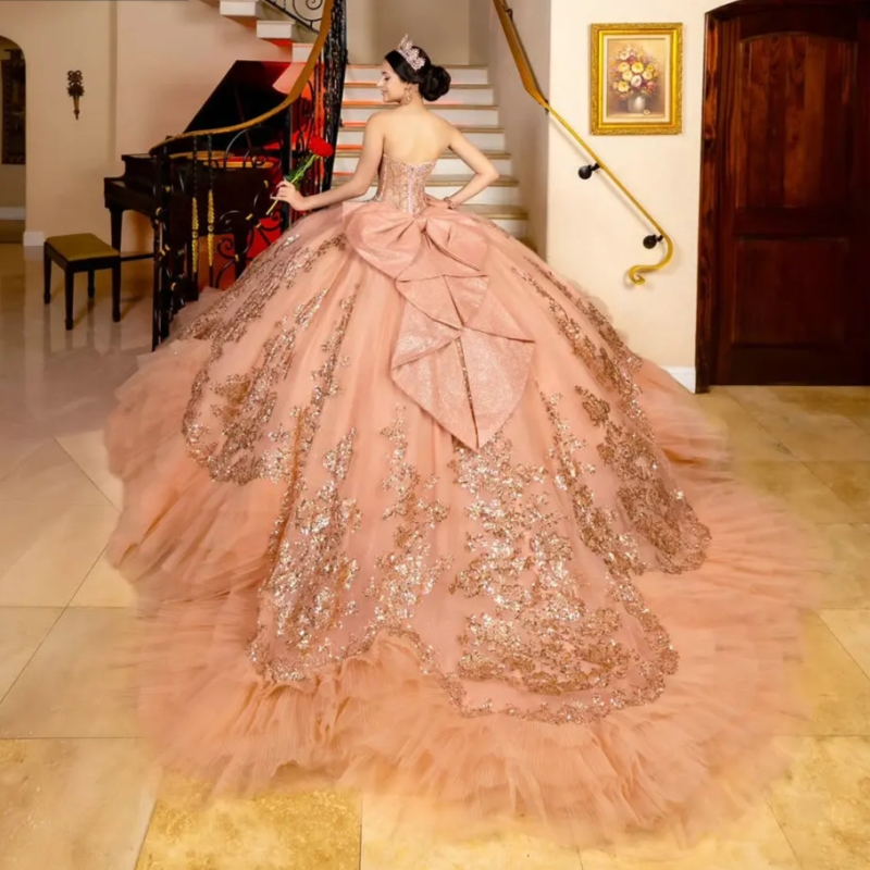 Rose Gold Sequined Appliques Lace Bow Quinceanera Dresses Ball Gown Beading Crystal Ruffles Sweet 15 Anos Mexican