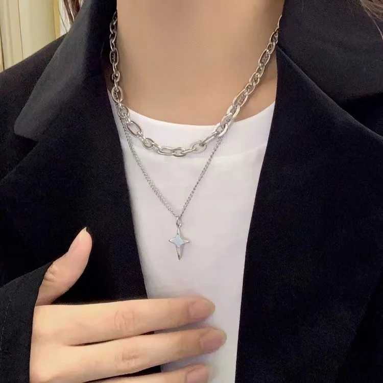 New Design Double Layer Link Chain Cross Star Necklace for Women Man Teens Tren Punk Hip hop Stainl Steel ChokerXJ251024