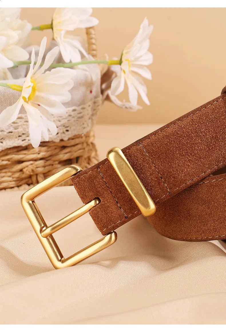 Women Suede Cowhide Belt 33cm Wide Waistband for Dresses Jeans Vintage Style with Gold Buckle 251013