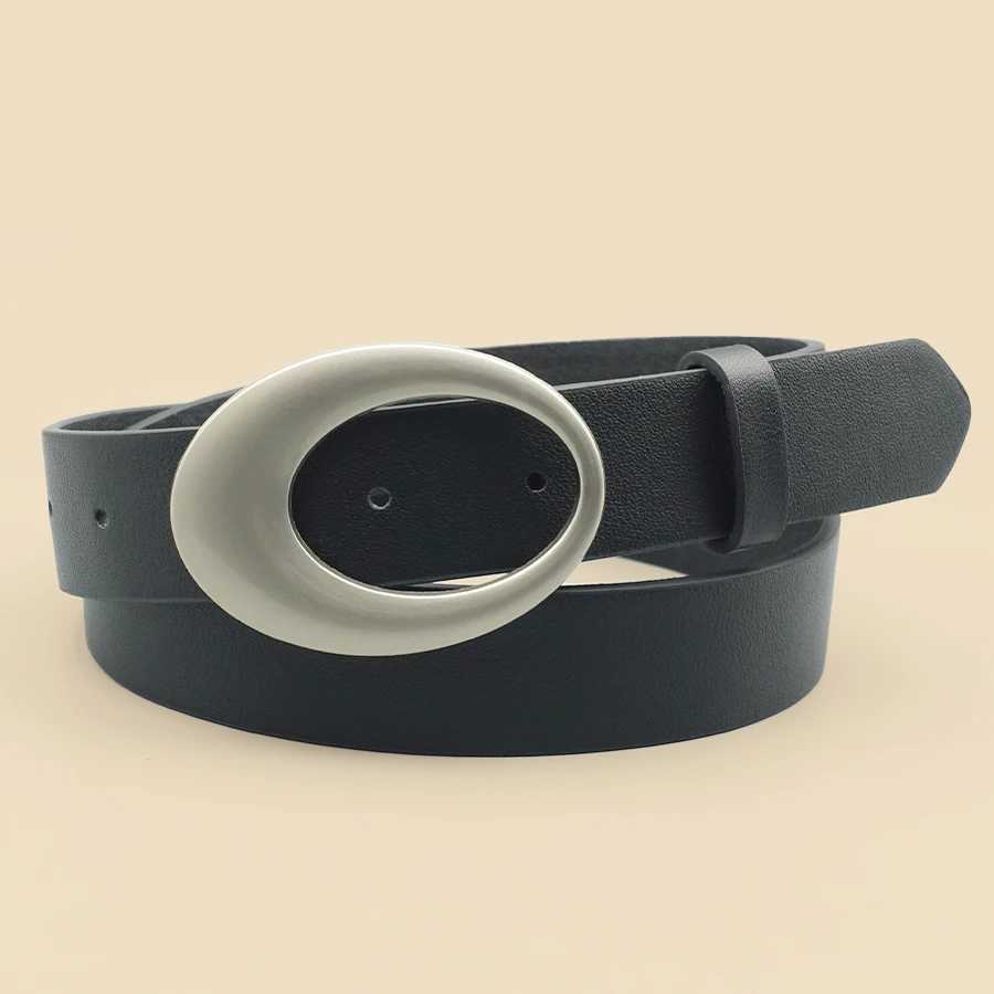 Black Casual Womens Belt Oval Hollow Matte Buckle Retro Pu Leather Fashionable Belt Dress Jeans Shirt Accessories W251024