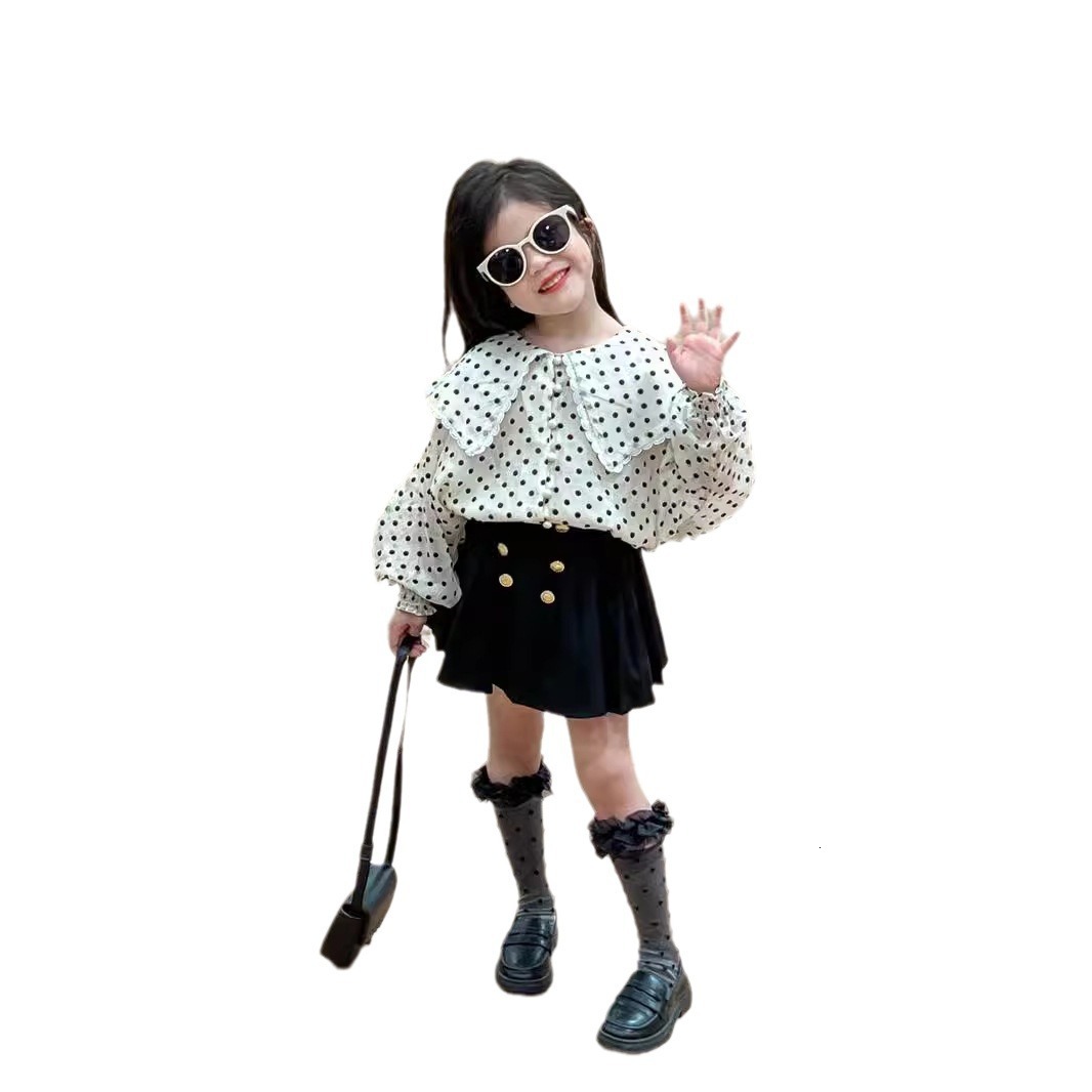 New designer fashion children's clothing set for girls, autumn lace big collar plush polka dot long sleeved shirt, double breasted skirt