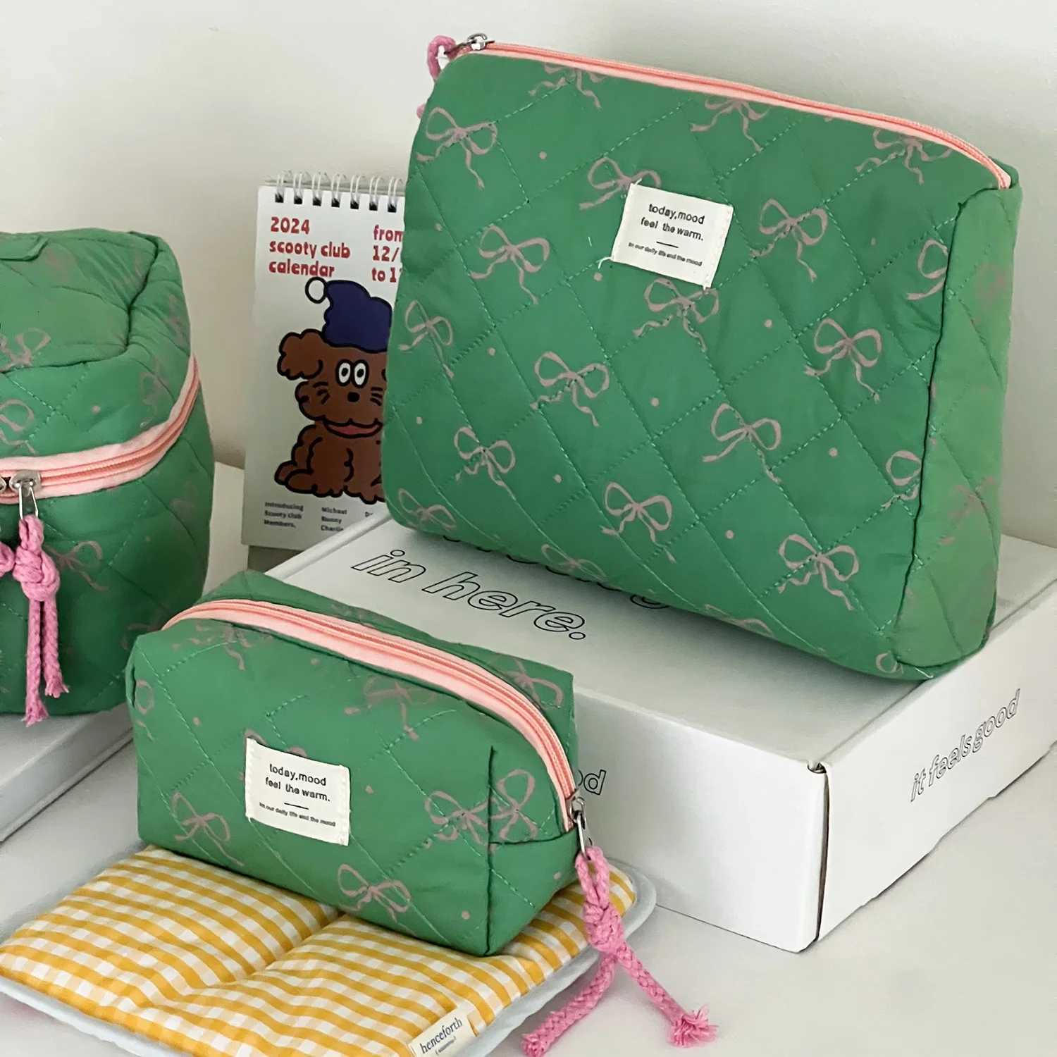 Sweet Bow Casual Womens Cosmetic Bags Contrast Color Ladies Toiletry Storage Bag Travel Portable Female Makeup Case HandbagsT251024