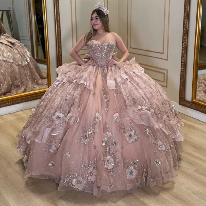 Rose Gold Crystal Sequined Ruffles Quinceanera Dresses Ball Gown 3D Flowers Appliques Lace Bow Sweet 15 Anos Mexican