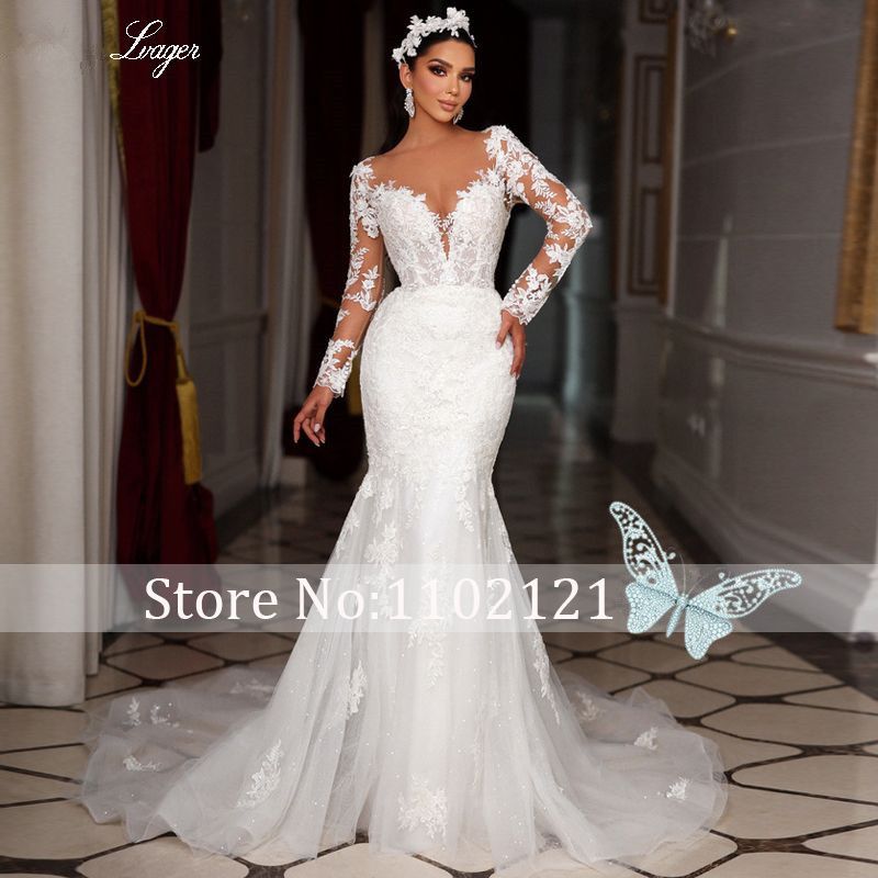 New Romantic Scoop Neck Beading Long Sleeves Mermaid Wedding Dress Gorgeous Appliques Detachable Train Trumpet Bridal Gown O24
