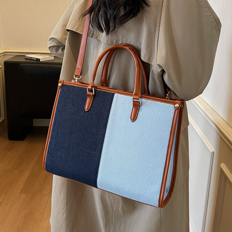 New autumn and winter women's large capacity shoulder bag new color blocked denim luxury handbag versatile commuting bag simple casual tote bag