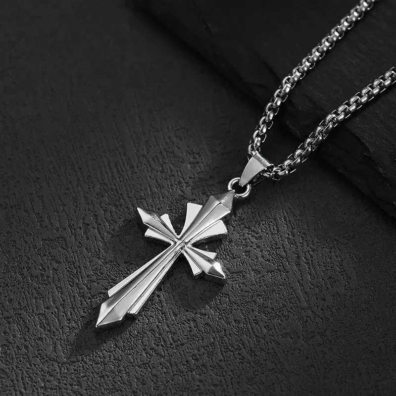 New simple geometric stainl steel cross pendant necklace punk hiphop style creative unisex Alloy sweater chainXJ251024