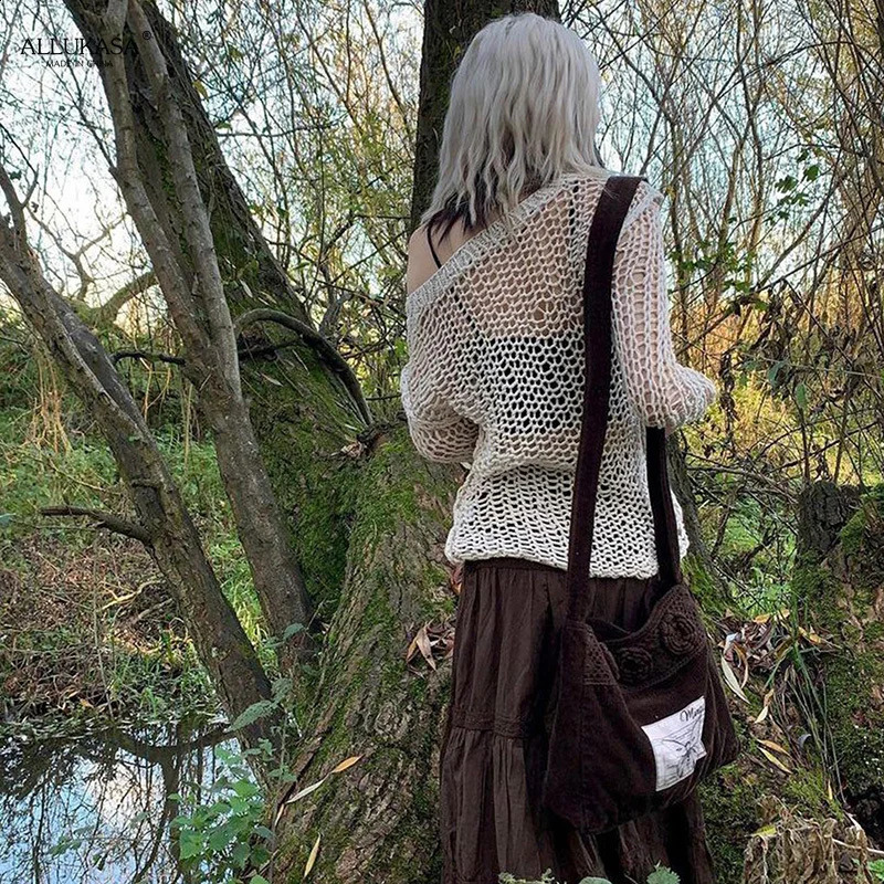Maemukilabe Knitted Hollow Out Sweater Tshirt Autumn Long Sleeve Crochet Pullovers Women Y2K Fairy Grunge Vintage Smock Tops 251023