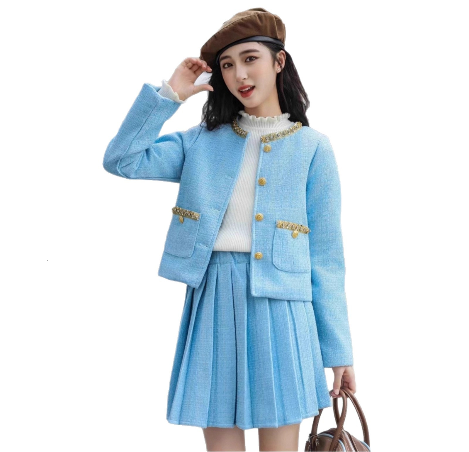 Girl designer fashionable autumn and winter set new children's pleated skirt wool lining fashionable red two-piece set New Year's set