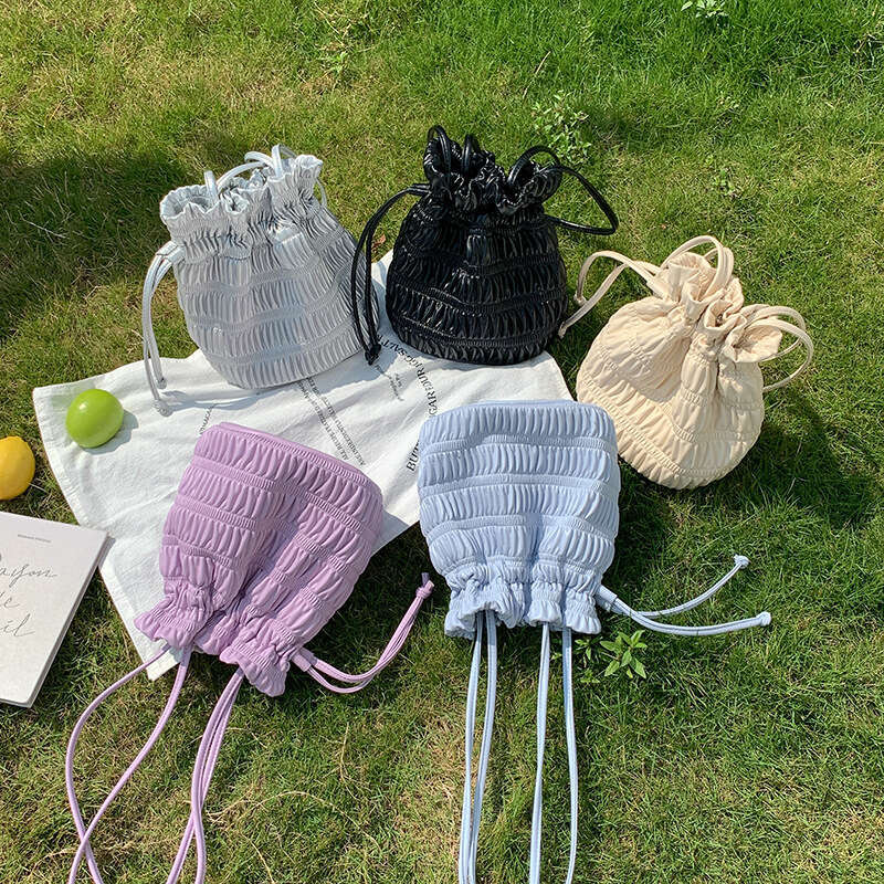 Korean Niche Wrinkled Soft Leather Elegant Shoulder Women's Casual Drawstring Lazy Style Handheld Bucket Bag B5