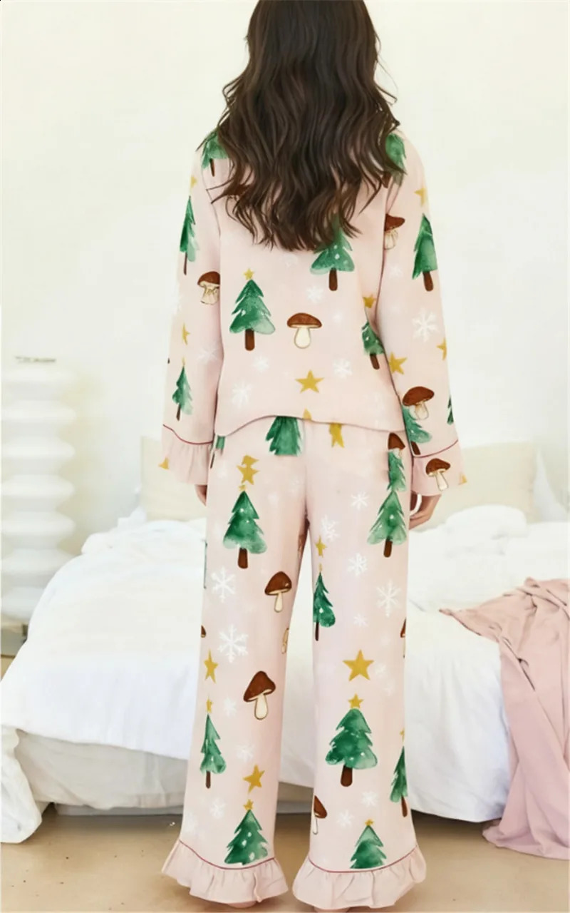 Hirigin Womens Christmas Pajama Set Two Piece Lounge Set with Christmas Trees Stars Mushrooms Ruffled Hems Night Wear Outfits 251020