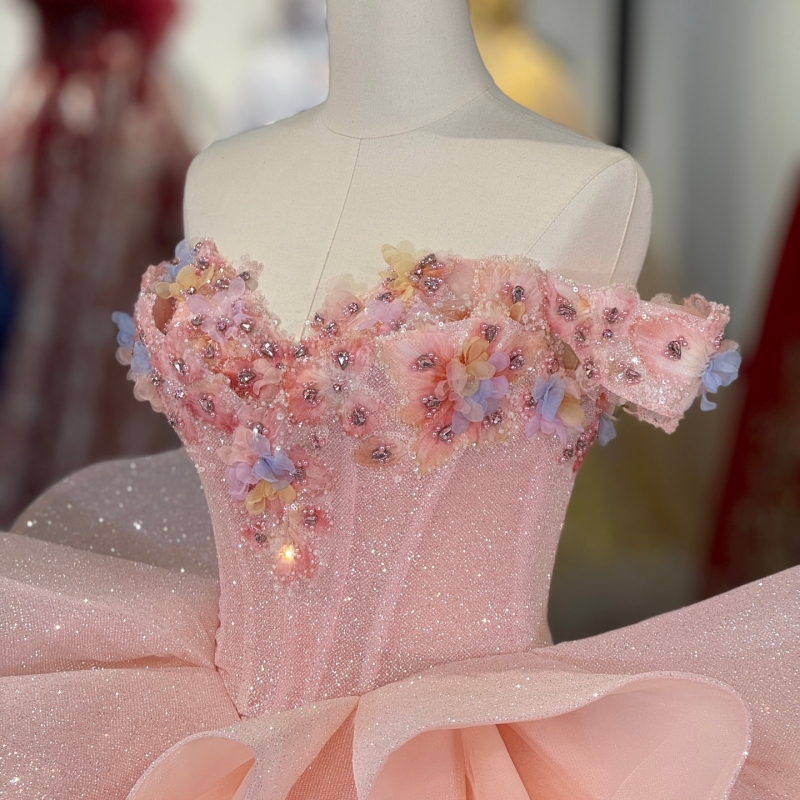 Pink Shiny Quinceanera Dresses Ball Gown Off The Shoulder Applique Flower Beading Crystal Corset Tull Party Birthday Sweet 16 Dress Vestidos 15 De Ano