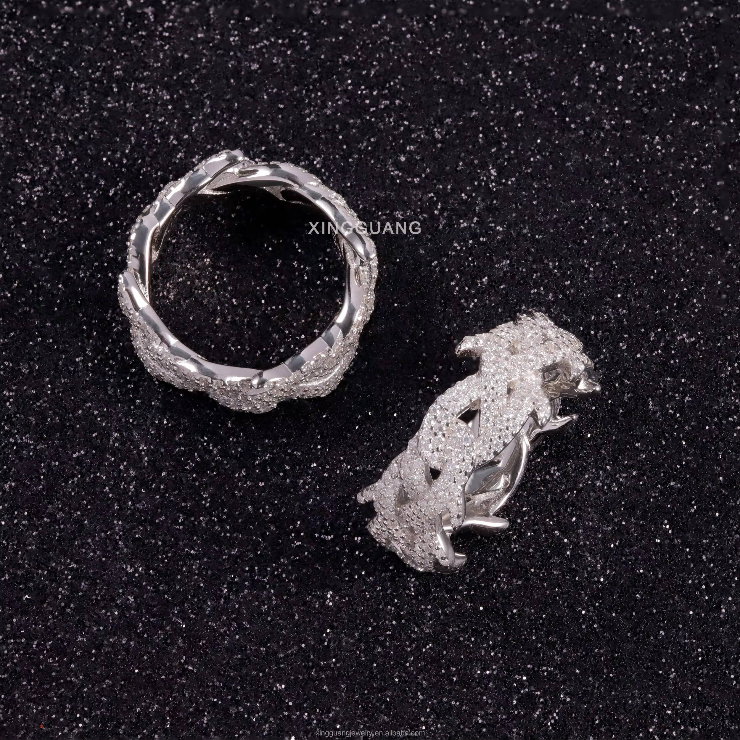 Xingguang Jewelry Wholesale in Stock Moissanite Jewelry 925 Silver Iced Out Diamond Cuban Rings Moissanite Hip Hop Ring