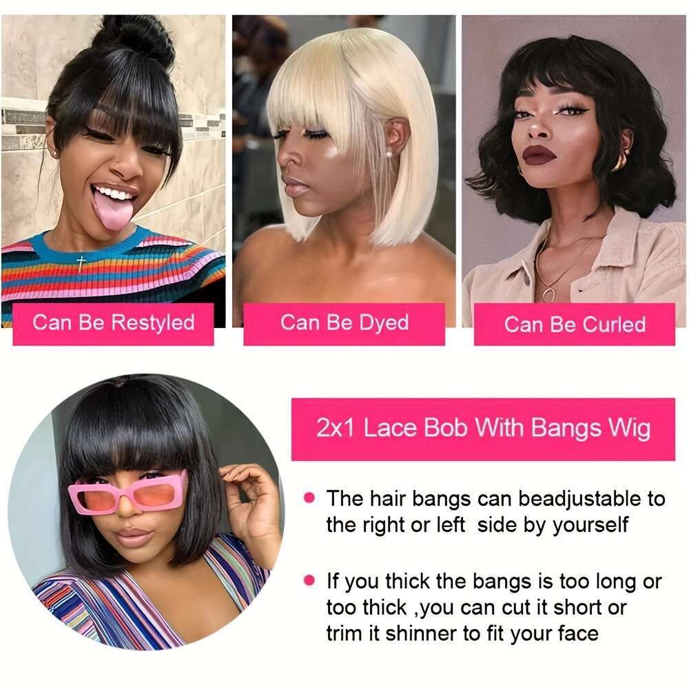 150% Density Straight Natural Scalp Raw Human Hair with Bangs - 2x1 HD Front, Vacation Style for Women of All Ethnicities, Everyday Chic Look Sleek Bo