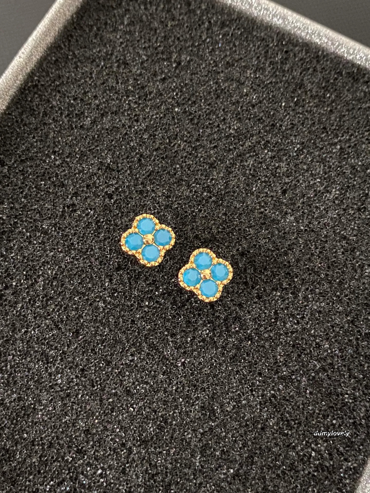 Gold-Toned Clover Stud Earrings With Blue Gemstone Accents - Elegant Jewelry For Daily Wear And Parties Ddmylovely