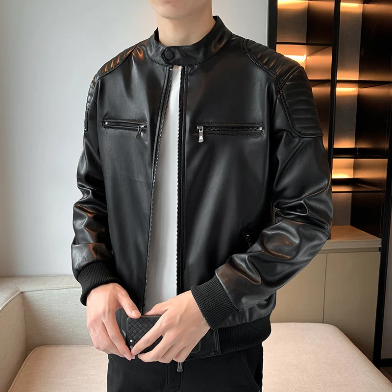 Autumn Stand Collar Leather Jacket Men Fashion Handsome Trend Solid Color Leather Jacket Youth Large Size Motorcycle Coat 251021
