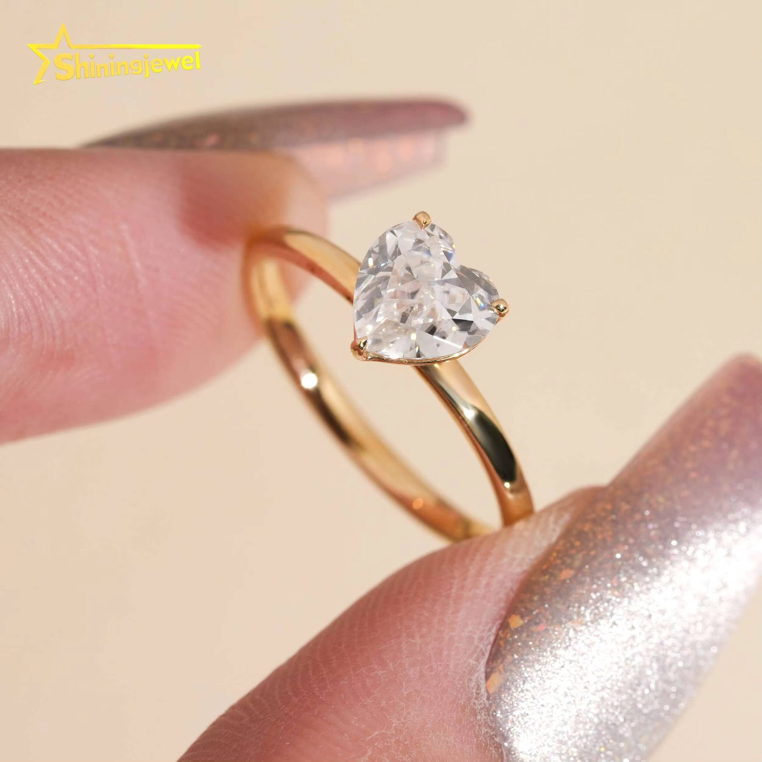 Pass Diamond Test Heart Cut Moissanite Solitaire 14k Solid Gold Engagement Wedding Rings