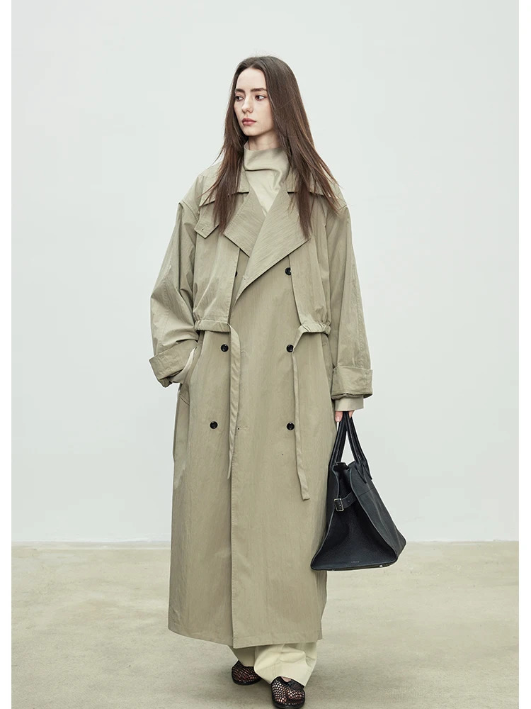 Lautaro Spring Autumn Oversized Khaki Long Trench Coat for Women Double Breasted Loose Casual European Fashion Overcoat 251021