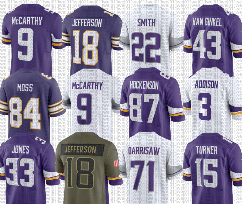 Randy Moss Kyler Murray T.J. Hockenson Aaron Jones 18 Justin Jefferson J.J. McCarthy Andrew Van Ginkel Dallas Turner Jordan Addison Aaron Jones Joe Huber Football Jersey
