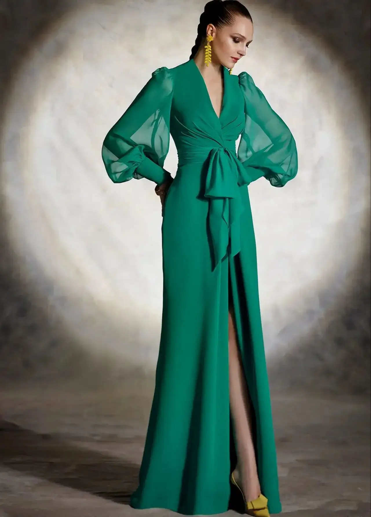 Othray Mermaid Evening Gown Elegant Dress Brush Train Long Sleeve V Neck Fall Wedding Guest Chiffon with Slit Strappy 251023