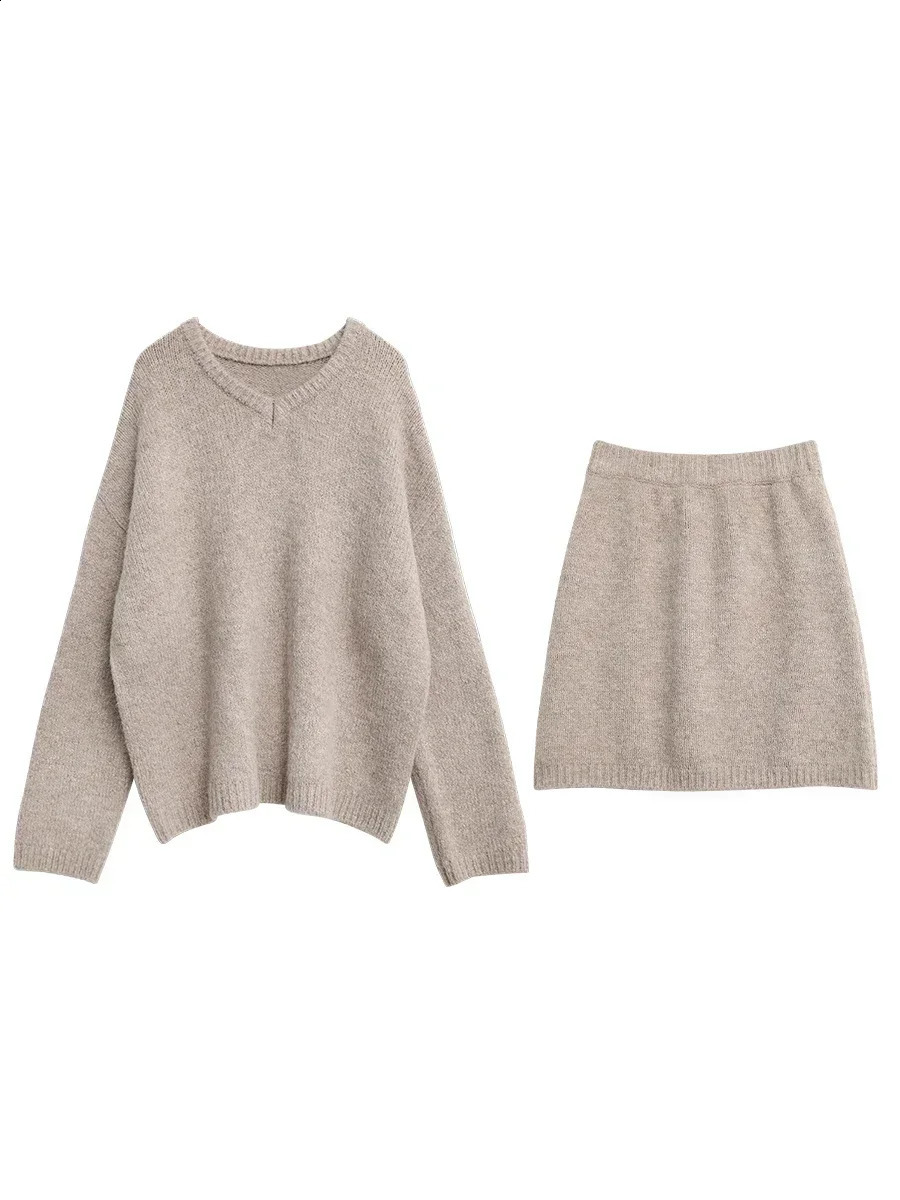 CHIC VEN Fashion Women Skirt Set Pullover Loose Mini Vneck Solid Sweater Straight Leg Skirts Spring Autumn 251020