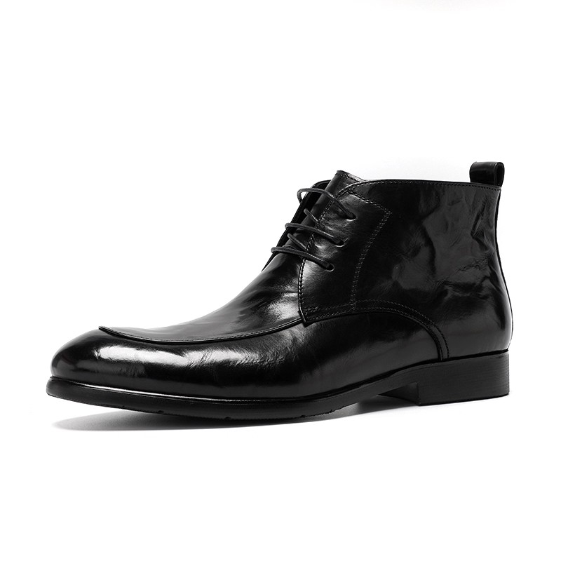 Men's business high-top leather shoes, pointed toe men's boots, handmade from genuine leather, hand-grabbed leather pleats, pointed toe Brit