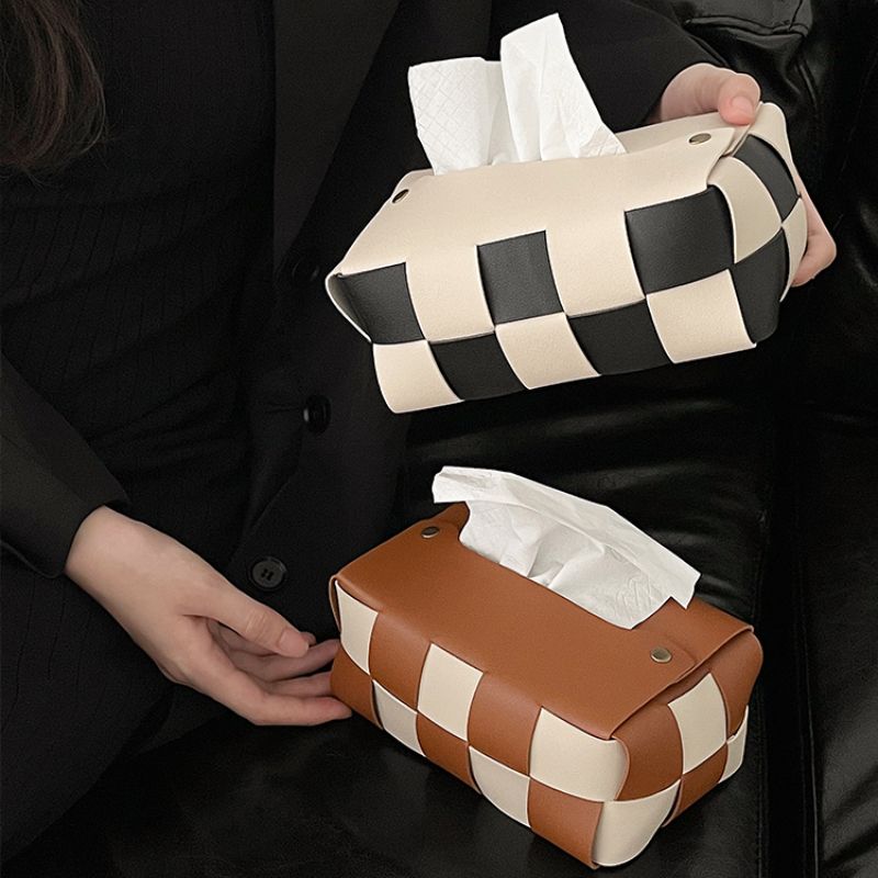Tissue Box Luxury Checkerboard Woven Pu Leather Napkin Case Living Room Office Desktop Home Decoration Designer Paper Towel Cover