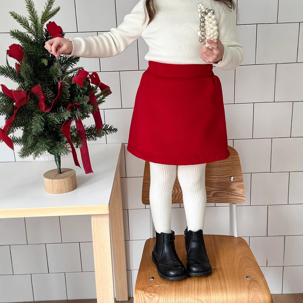 New Fashion Design Fox Leather Detachable New Year's Red Wool Coat and Skirt Fashion Set for Girls
