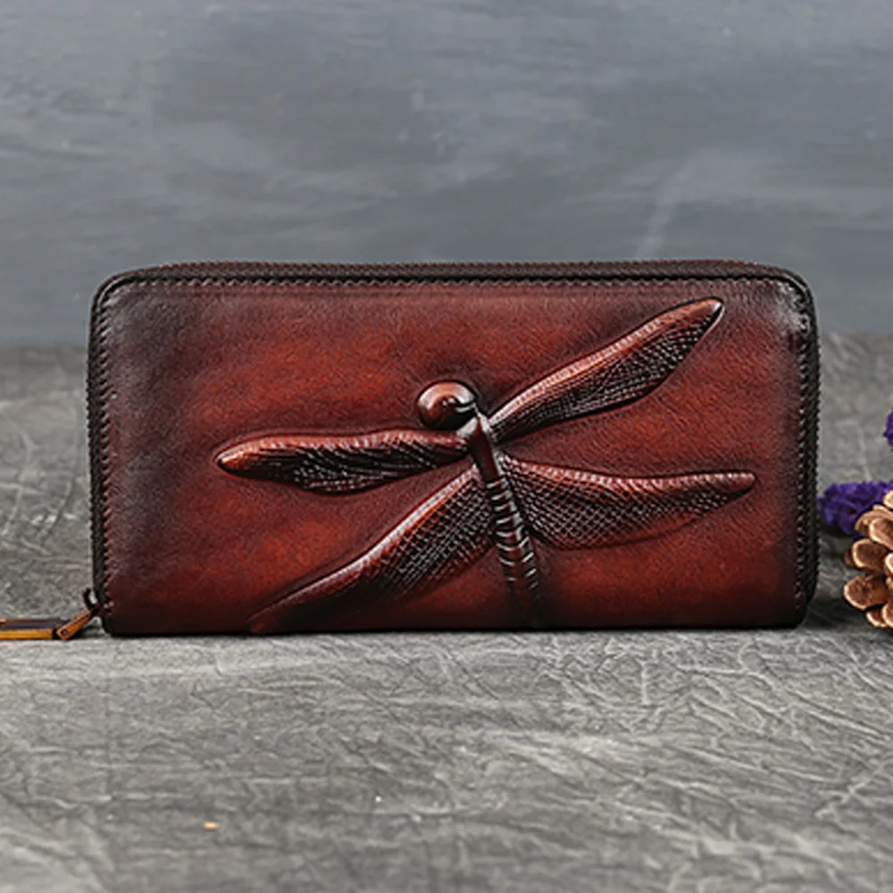 Women Long Wallet Zipper Purse Genuine Leather IDCredit Card Cash Holder Dragonfly n Retro Female Cowhide Money Clutch Bag 251014