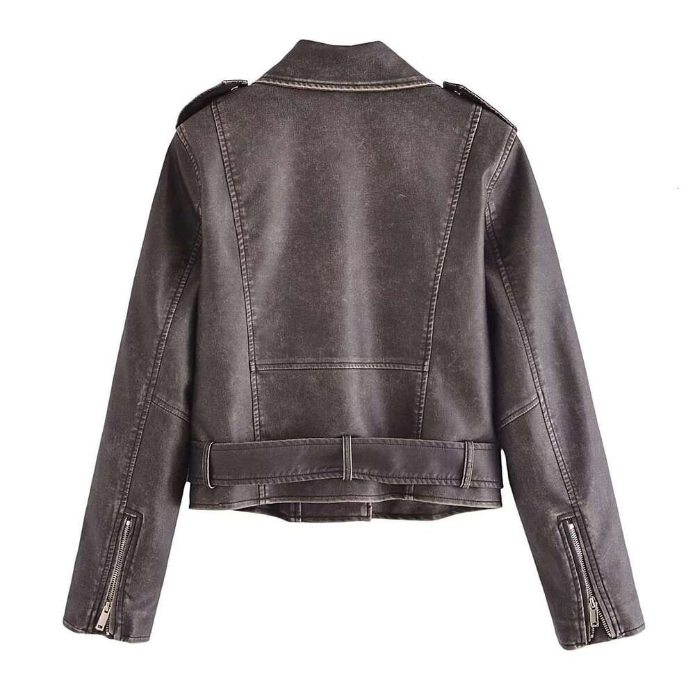 American Cool Spicy Girl Style Lapel Motorcycle Autumn Washed And Distressed Leather Jacket For Women