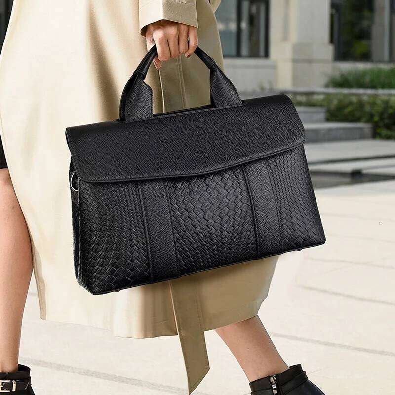 High-Grade Women Handbag Solid Black Pu Leather Flap Woven Print Tote Large Capacity Female Casual Crossbody Bags Lady Pack