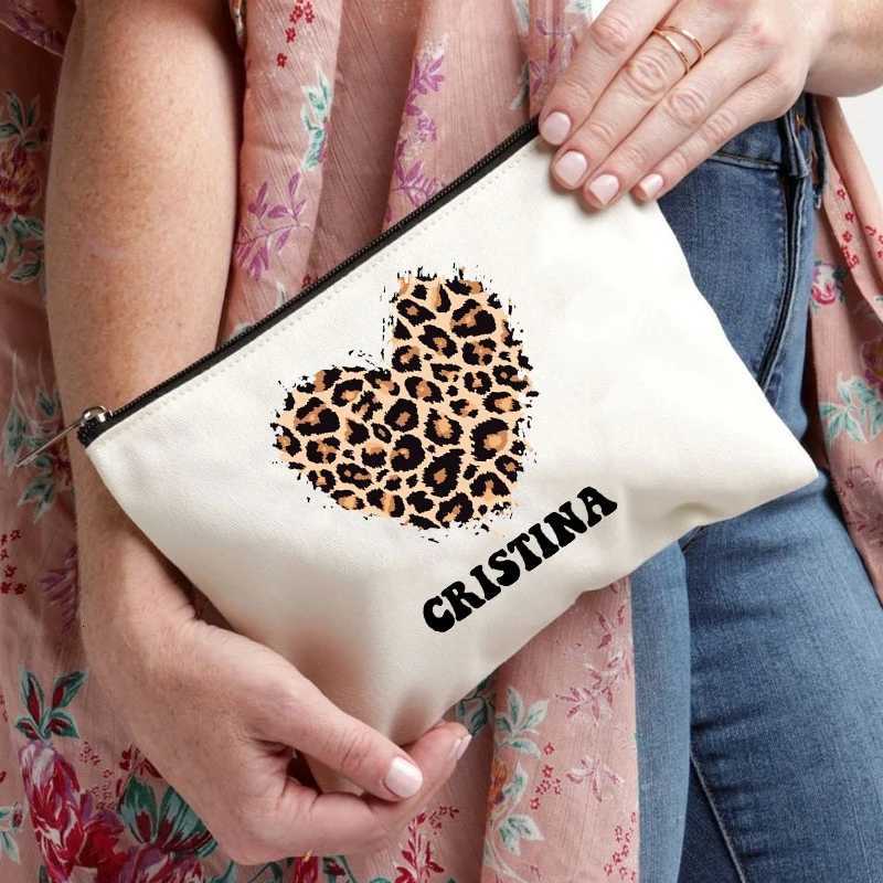 Heart Leopard Pattern Name Customization White Makeup Bag Canvas Wash Bag Organizer Fashion Travel Lipstick Storage Bags WalletT251024