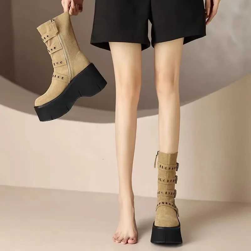 Womens Boots Autumn New Super High Heel 68cm Wedges Thick Soled Boots Zipper Belt Anti Slip Outdoor Short Boots W251024